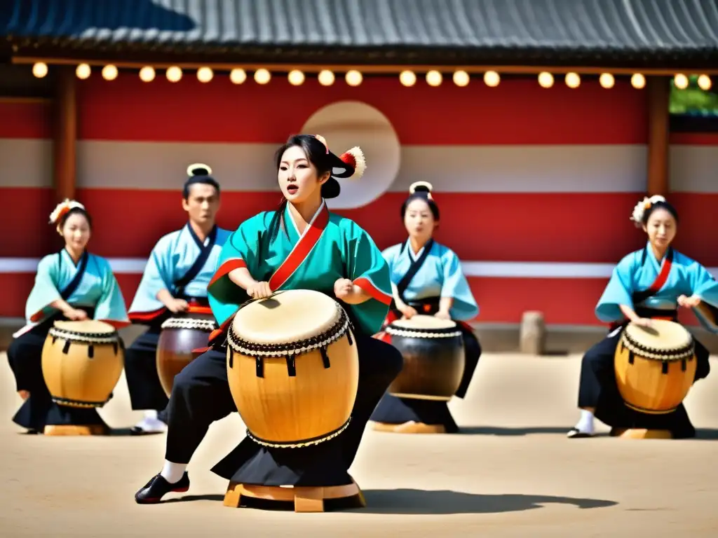 Grupo de taiko japoneses en un festival Matsuri, expresiones intensas y movimientos dinámicos capturan la energía del arte ancestral