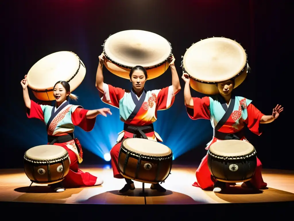 Grupo de taiko japoneses con percusión, vistiendo trajes vibrantes, enérgicos movimientos y expresiones intensas en el escenario