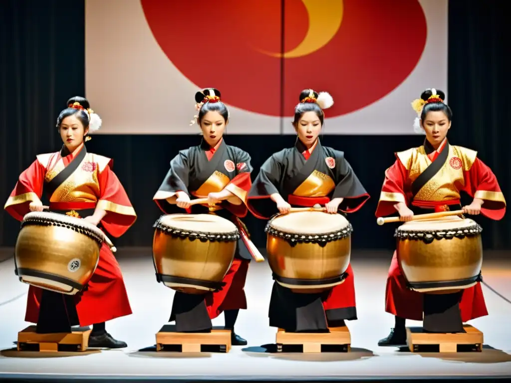 Taiko Drummers Japoneses en Acción Grupo de taiko japoneses en vibrante actuación, con trajes tradicionales y tambores