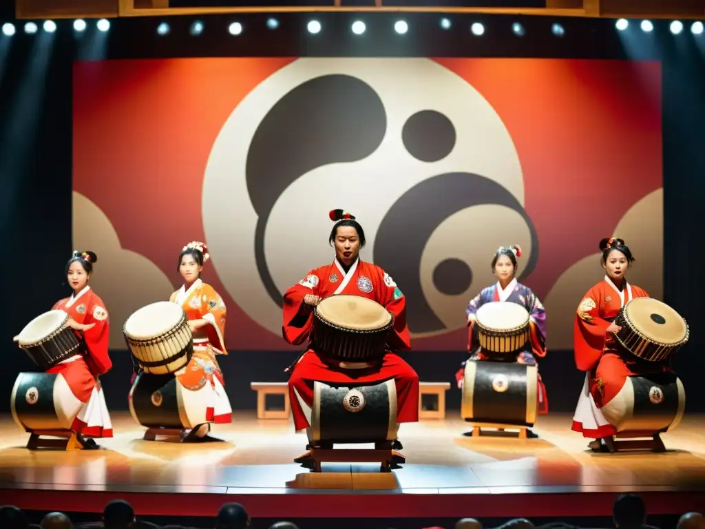 Grupo de taiko japoneses con vibrantes kimonos en escenario ornamental, capturando el significado cultural de la danza taiko japonés