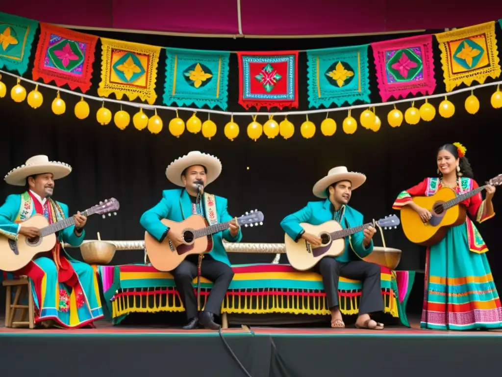 Grupo de Son Jarocho mexicano vistiendo trajes tradicionales, tocando en fiesta colorida