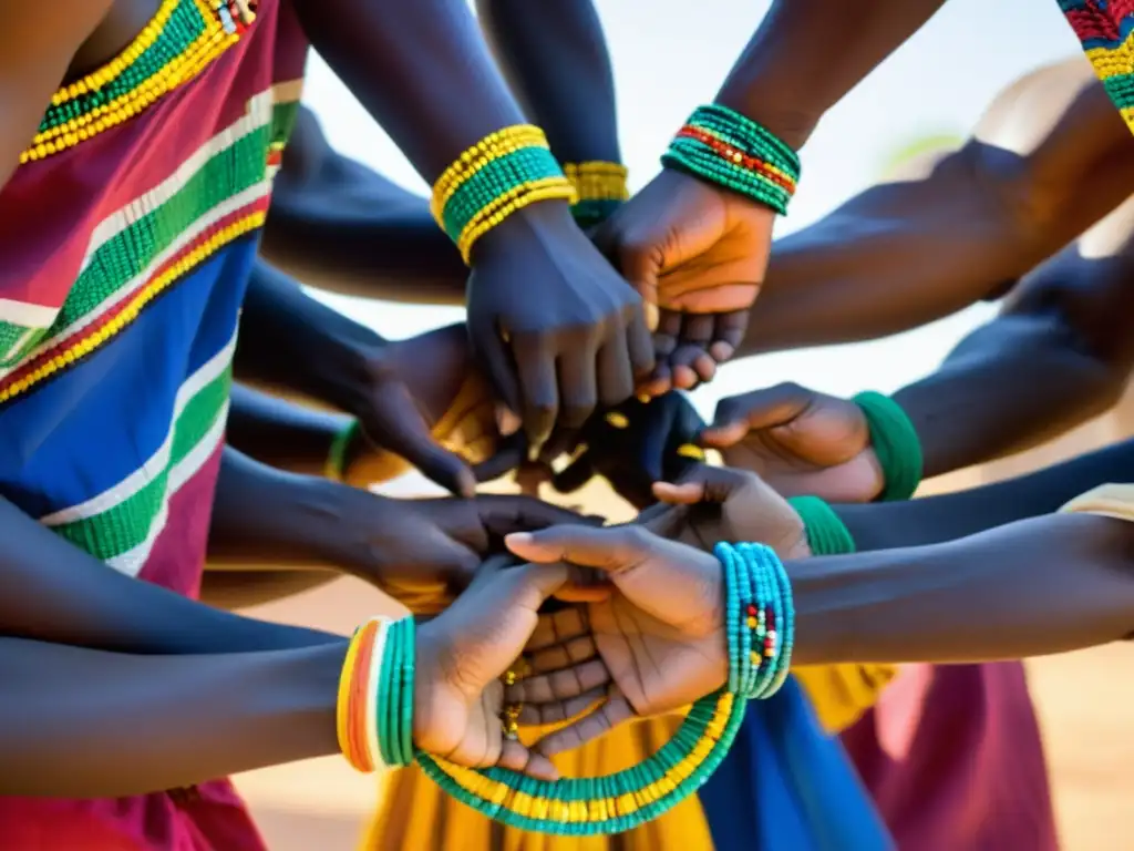 Grupo joven baila Danza Boloye, tradición iniciación Mali, en vibrante atuendo tradicional Bambara entre la hierba alta al sol