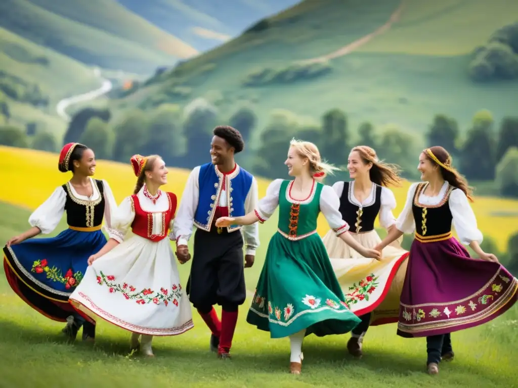 Un grupo de jóvenes adultos vestidos con trajes folclóricos europeos tradicionales bailando en círculo en un prado soleado, rodeados de verdes colinas