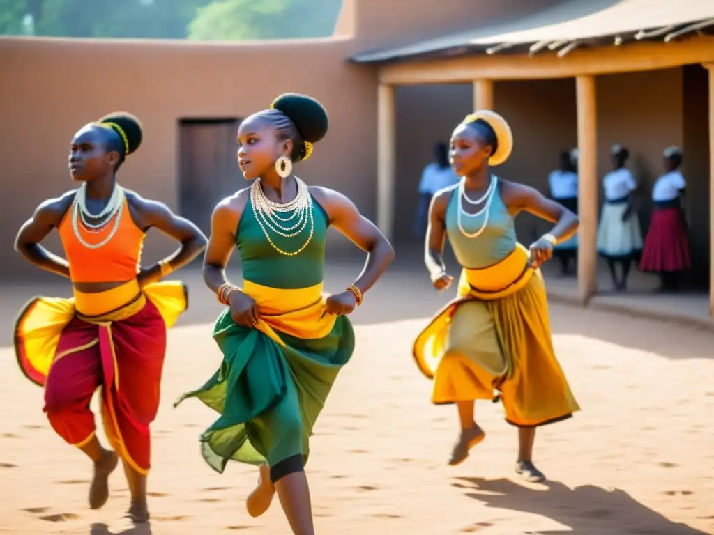 Un grupo de jóvenes bailarines africanos en trajes tradicionales realiza una rutina dinámica y llena de energía en un patio al aire libre, con el sol dorado proyectando largas sombras dramáticas