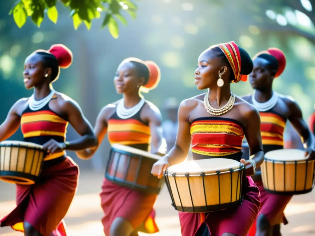 Un grupo de jóvenes bailarines africanos vistiendo trajes tradicionales, danzando al ritmo de tambores