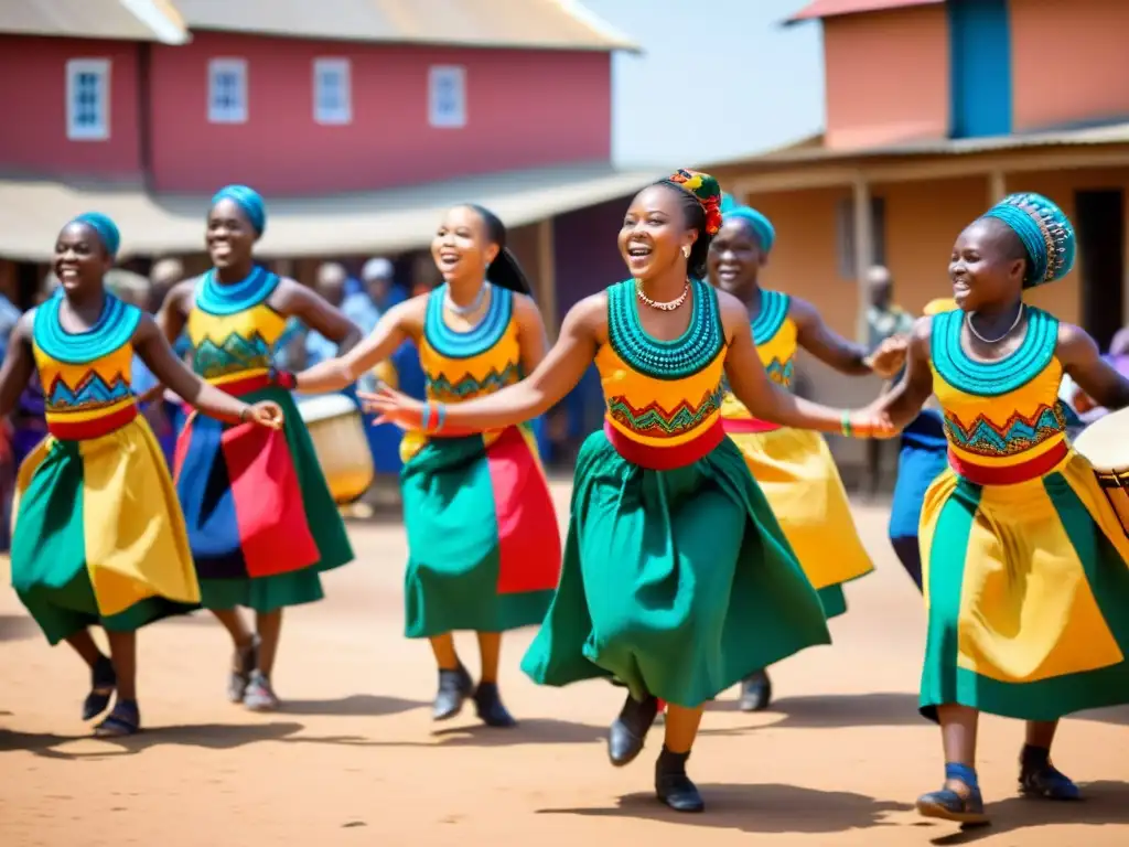 Grupo de jóvenes bailarines africanos en trajes tradicionales, danzando con alegría y destreza en una animada plaza del pueblo