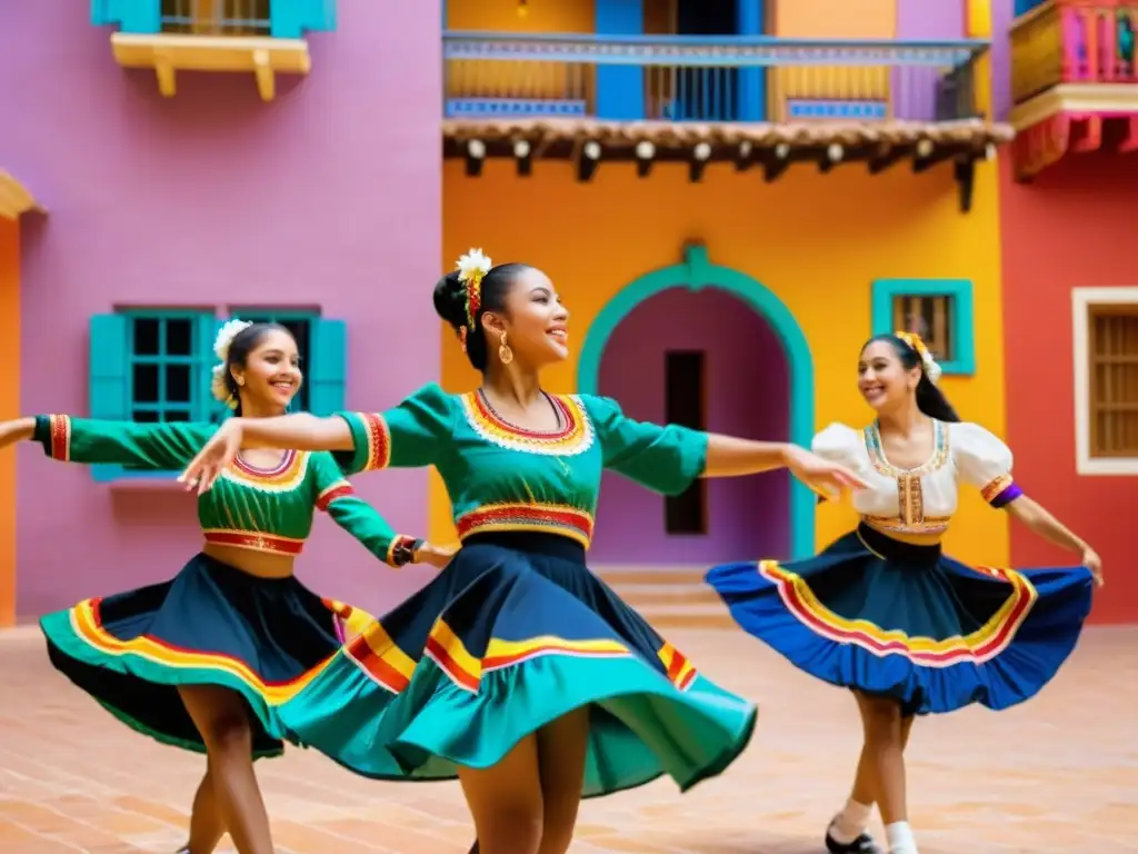 Un grupo de jóvenes bailarines practican una animada danza tradicional en un patio soleado, rodeados de edificios coloridos y decoraciones festivas