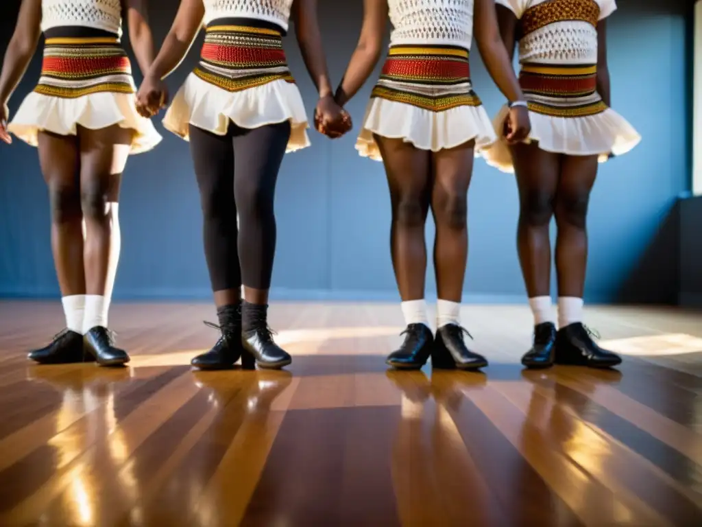 Un grupo de jóvenes bailarines de claqué, vistiendo trajes africanos, realizan una rutina rítmica y enérgica en un estudio de baile tenue