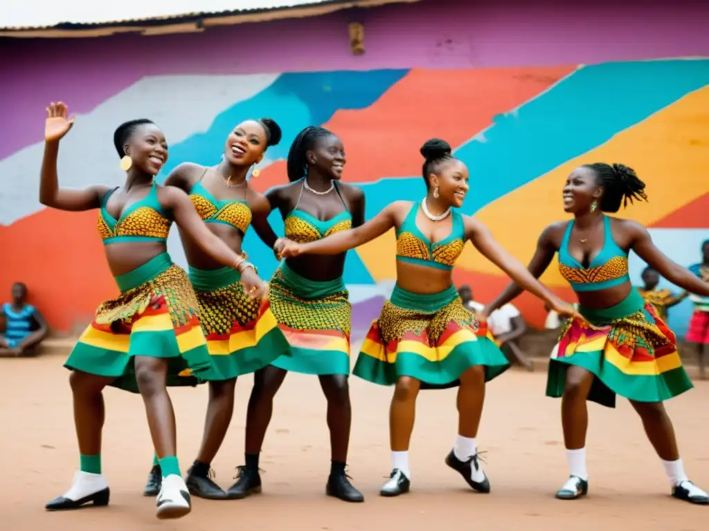 Grupo de jóvenes bailarines de Ghana realizando la danza Azonto en un vibrante entorno urbano de Accra