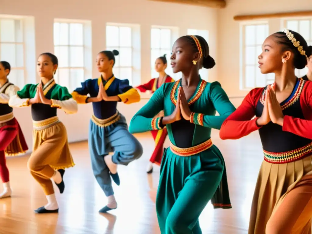 Grupo de jóvenes bailarines practicando danzas tradicionales con pasión en un estudio lleno de espejos