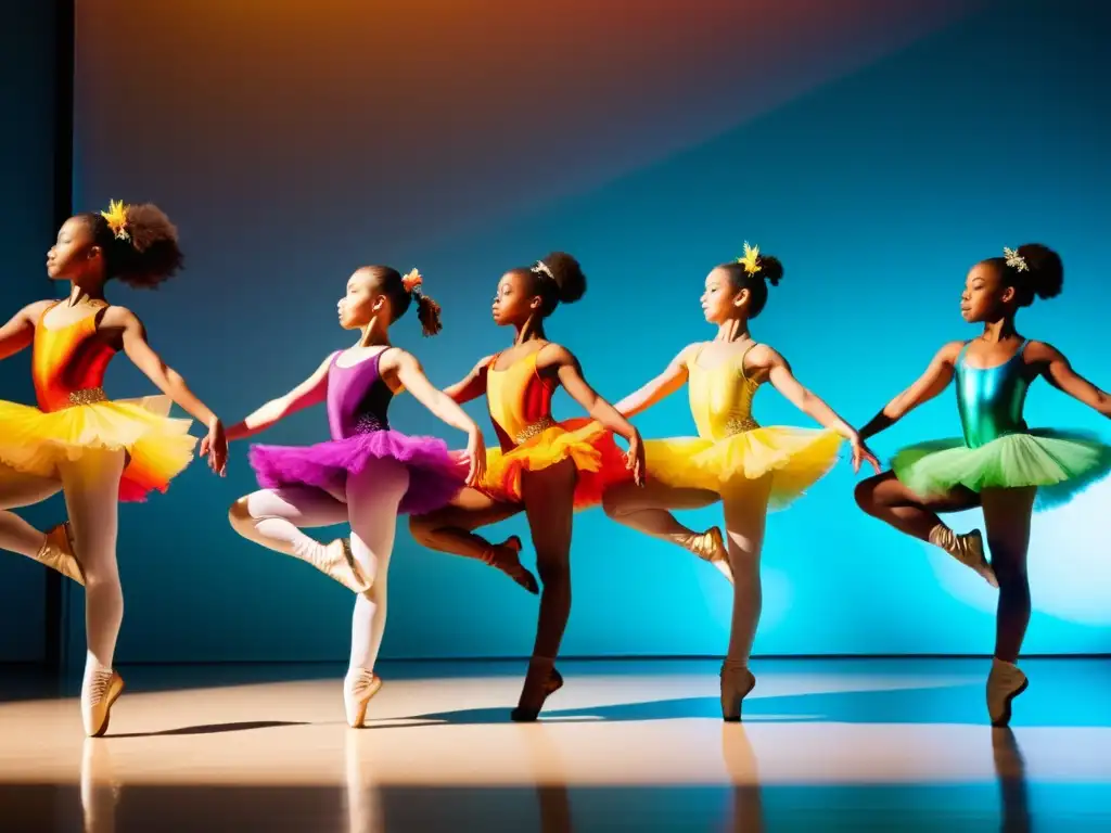 Grupo de jóvenes bailarines transformando la enseñanza de danza con pasión y gracia en un estudio lleno de luz