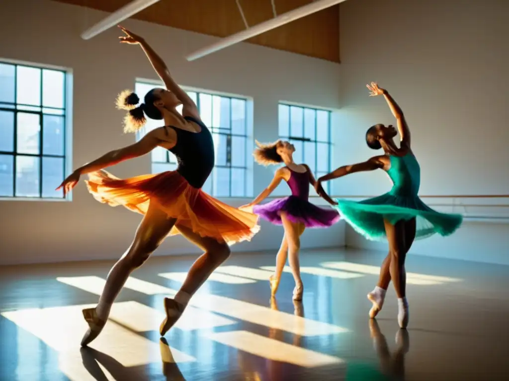 Un grupo de jóvenes bailarines en un estudio espacioso y soleado, mostrando gracia y pasión en cada movimiento