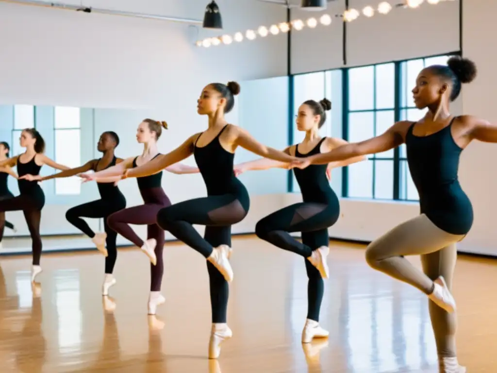 Grupo de jóvenes bailarines improvisando en estudio luminoso, reflejando creatividad e individualidad