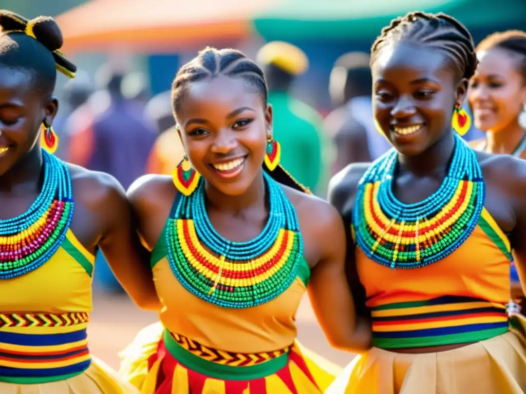 Grupo de jóvenes bailarines ghaneses danzando Kpanlogo en festival, vistiendo trajes tradicionales coloridos, irradiando pasión y energía cultural