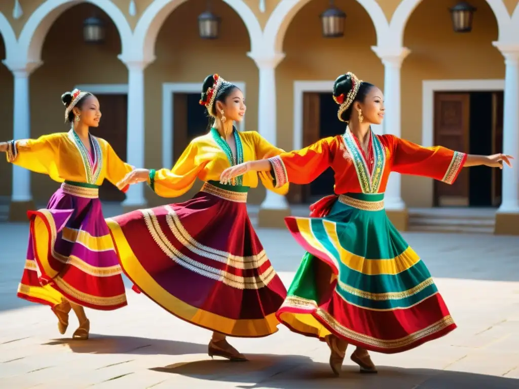 Un grupo de jóvenes bailarines ejecutan con gracia una danza étnica tradicional en un patio soleado