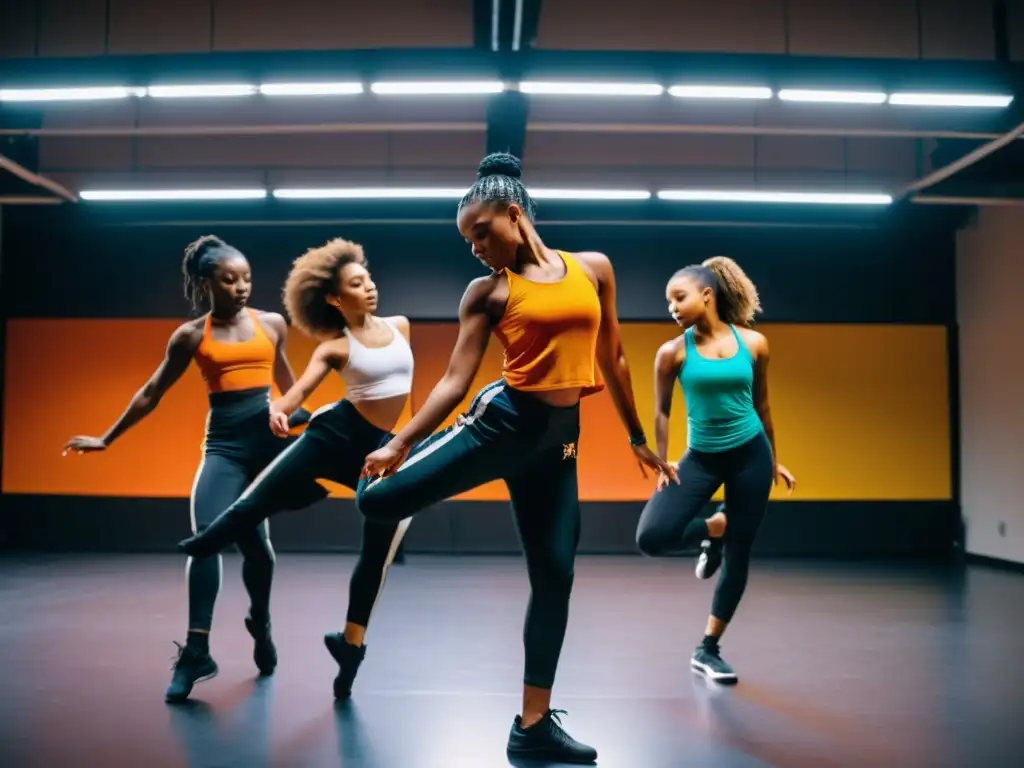 Un grupo de jóvenes bailarines se mueven con intensa energía en un estudio de baile urbano