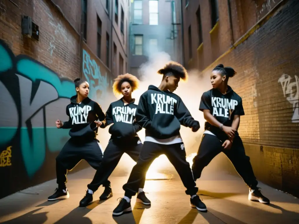 Grupo de jóvenes bailarines de krump expresando intensidad en un callejón urbano, con graffiti de fondo