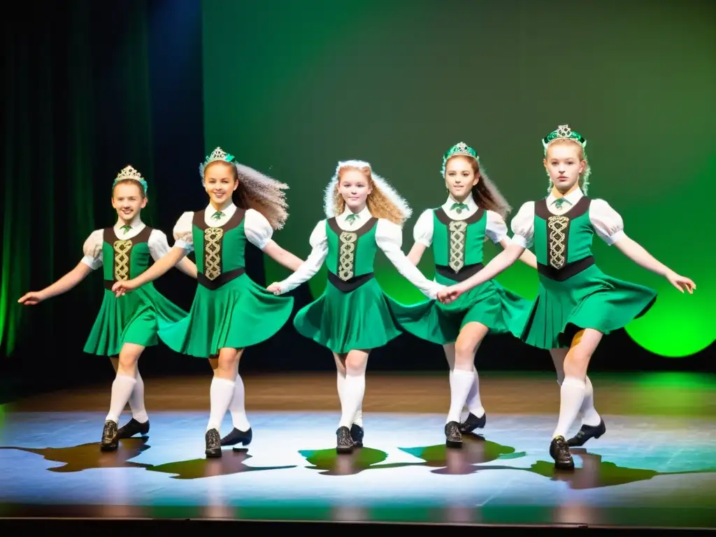 Un grupo de jóvenes bailarines irlandeses realiza una rutina animada en un escenario adornado con símbolos celtas y fondos verdes vibrantes