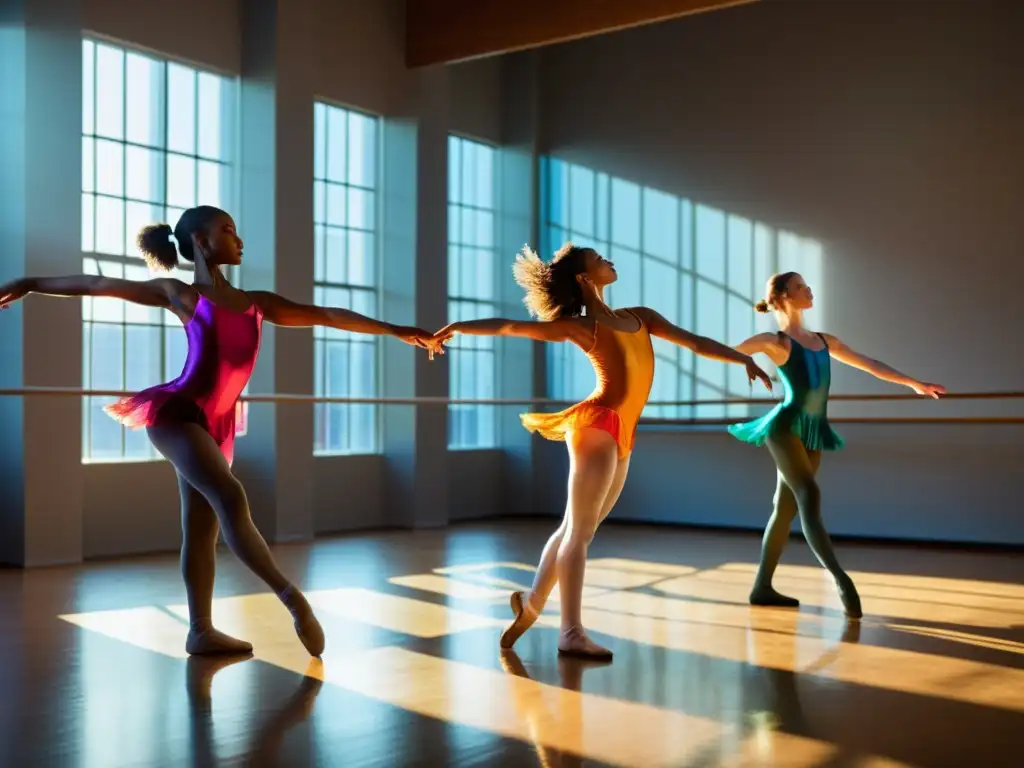 Un grupo de jóvenes bailarines con leotardos y mallas coloridas ejecutan una coreografía en un estudio iluminado por el sol