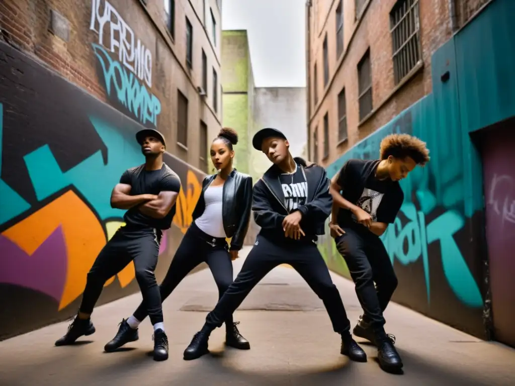 Un grupo de jóvenes bailarines ejecutan movimientos de krumping en un callejón urbano, expresando intensidad y emoción