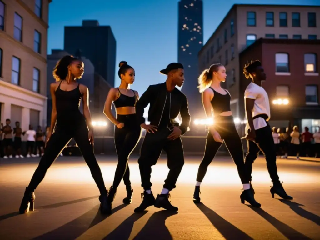 Grupo de jóvenes bailarines practican movimientos de danza robot en la calle