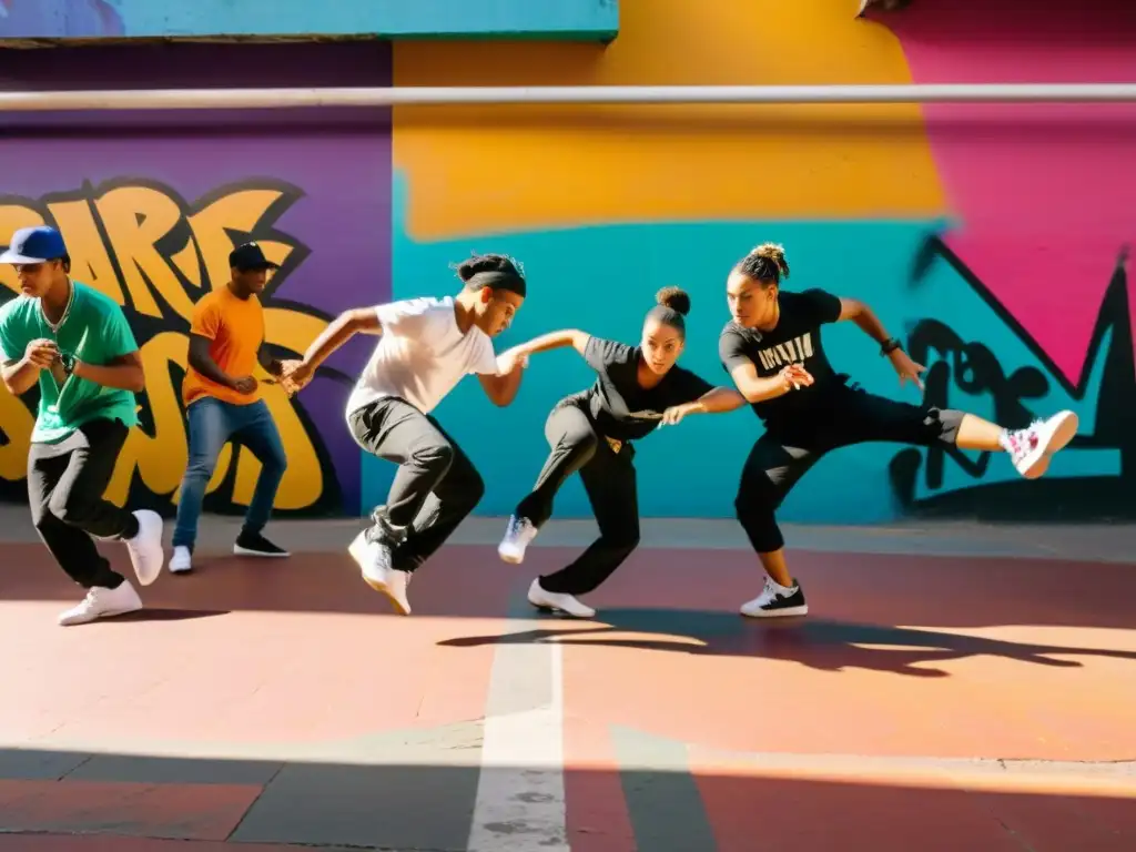 Un grupo de jóvenes bailarines practican movimientos de breakdance en las vibrantes calles de una ciudad latinoamericana