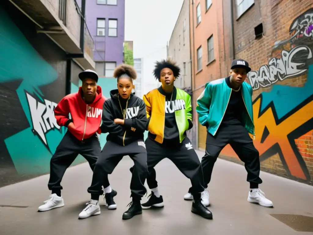 Un grupo de jóvenes bailarines de krump, con movimientos intensos y expresiones faciales llenas de emoción, bailando en un callejón urbano