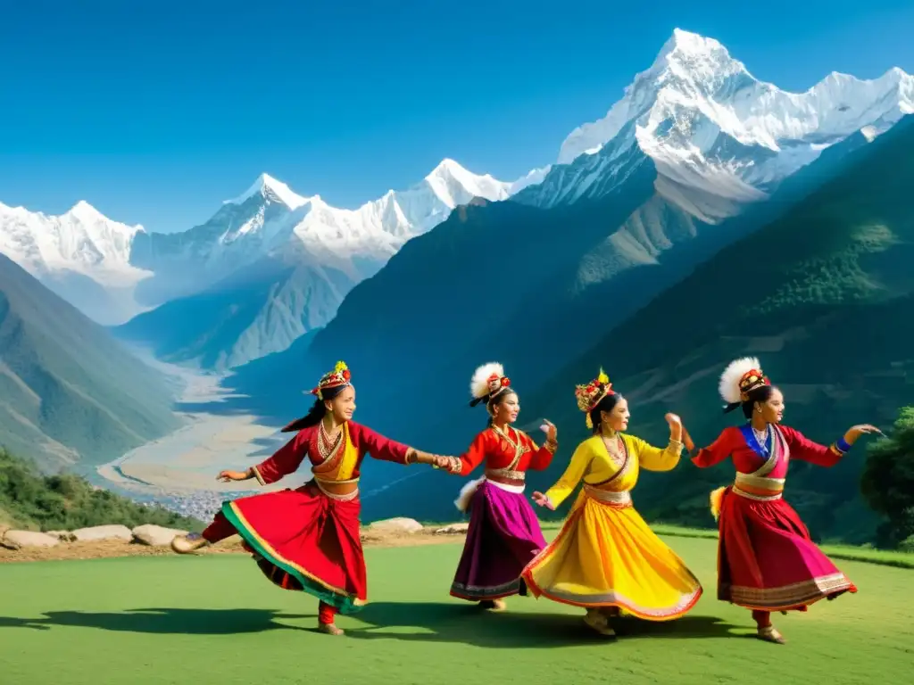 Grupo de jóvenes bailarines nepaleses en trajes tradicionales, realizando una danza étnica dinámica frente a los majestuosos Himalayas