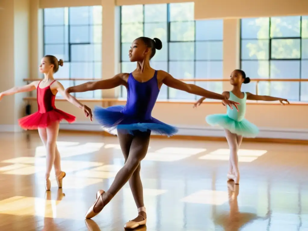 Un grupo de jóvenes bailarines practican con pasión en un estudio soleado, destacando la importancia de apps educativas en danza