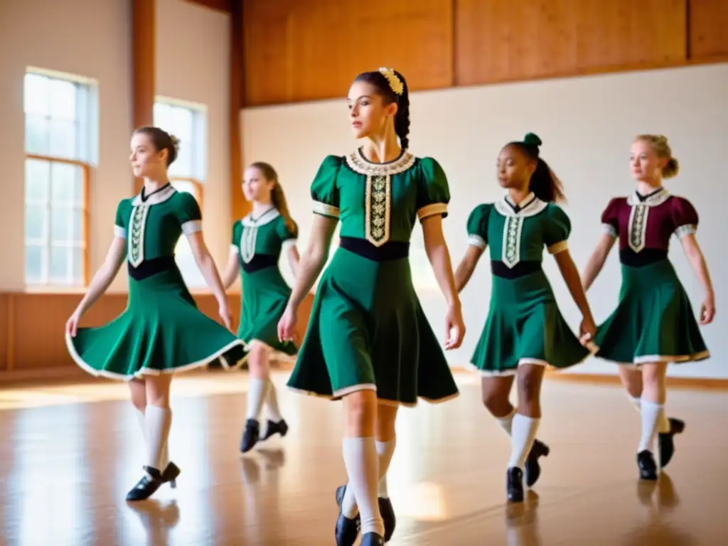 Un grupo de jóvenes bailarines practican pasos de danza irlandesa con pasión y precisión en un estudio soleado y amplio