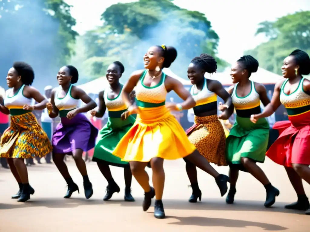 Grupo de jóvenes bailarines en ropa tradicional de Ghana realizando la danza Azonto en un vibrante entorno al aire libre, capturando la energía y el significado cultural de la danza