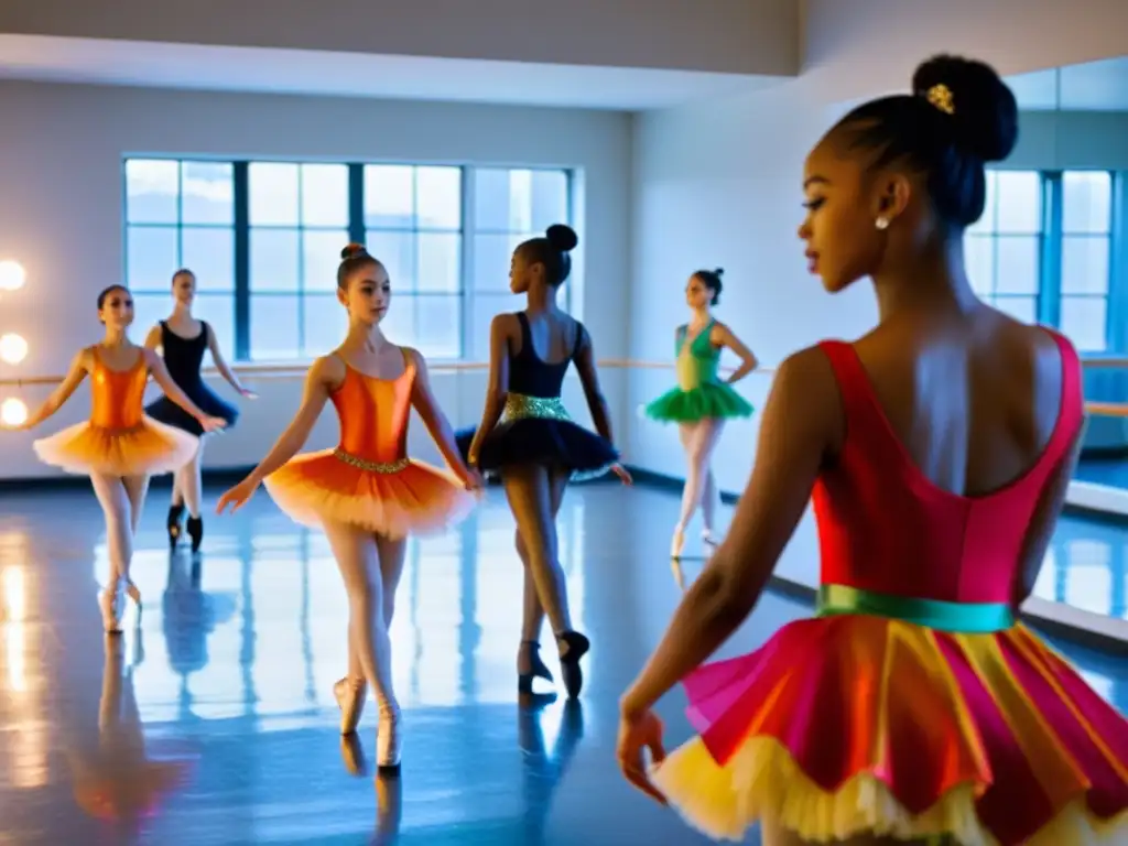 Un grupo de jóvenes bailarines realiza una rutina sincronizada con pasión en un estudio de danza iluminado naturalmente