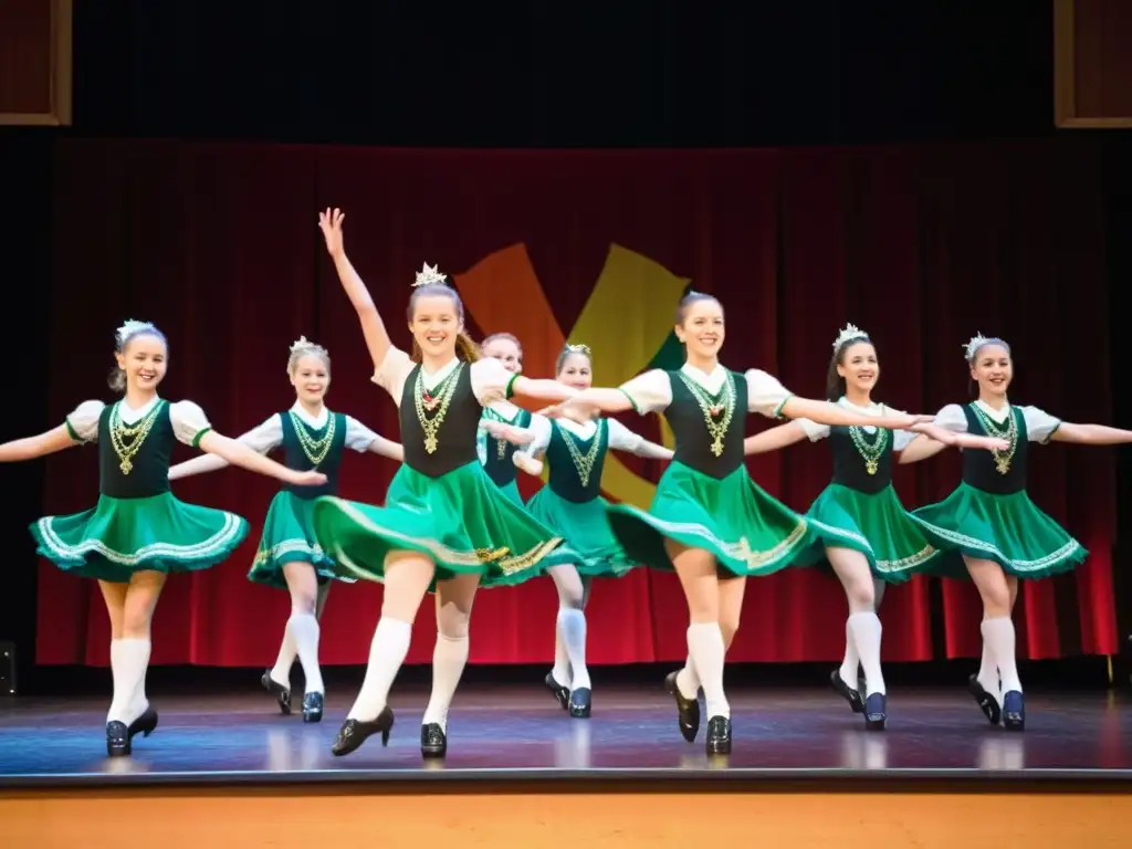 Grupo de jóvenes bailarines de step dance irlandés en trajes tradicionales, desplegando impresionantes técnicas de step dance irlandés con sincronización perfecta y energía apasionada, mientras el público los admira con asombro