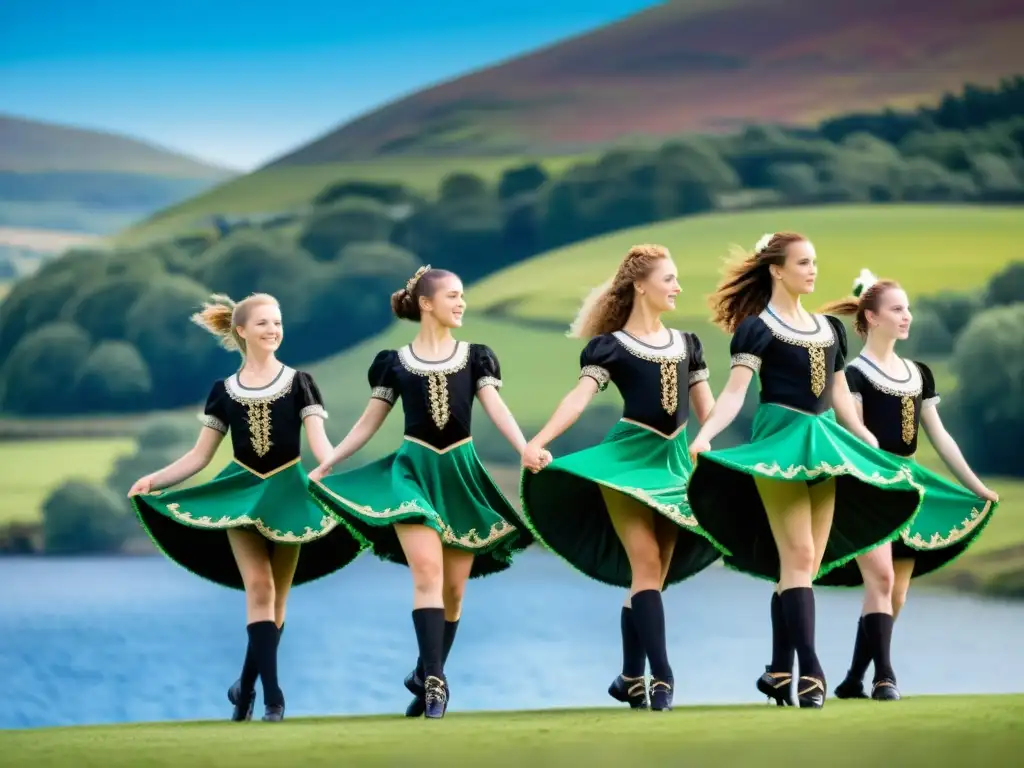 Un grupo de jóvenes bailarines en trajes tradicionales de danza irlandesa realizando movimientos precisos y elegantes en un escenario al aire libre con colinas verdes y cielo azul