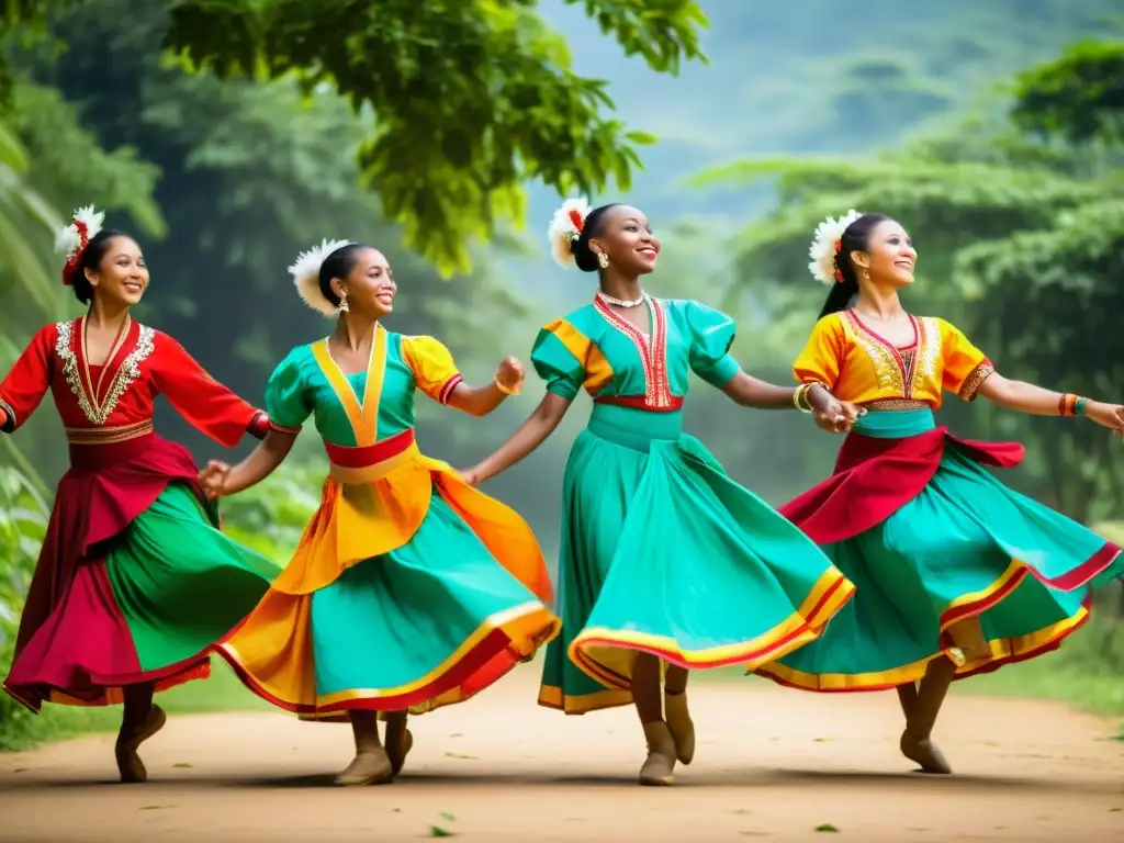 Un grupo de jóvenes bailarines en trajes tradicionales ejecuta una danza vibrante al aire libre, rodeados de exuberante vegetación