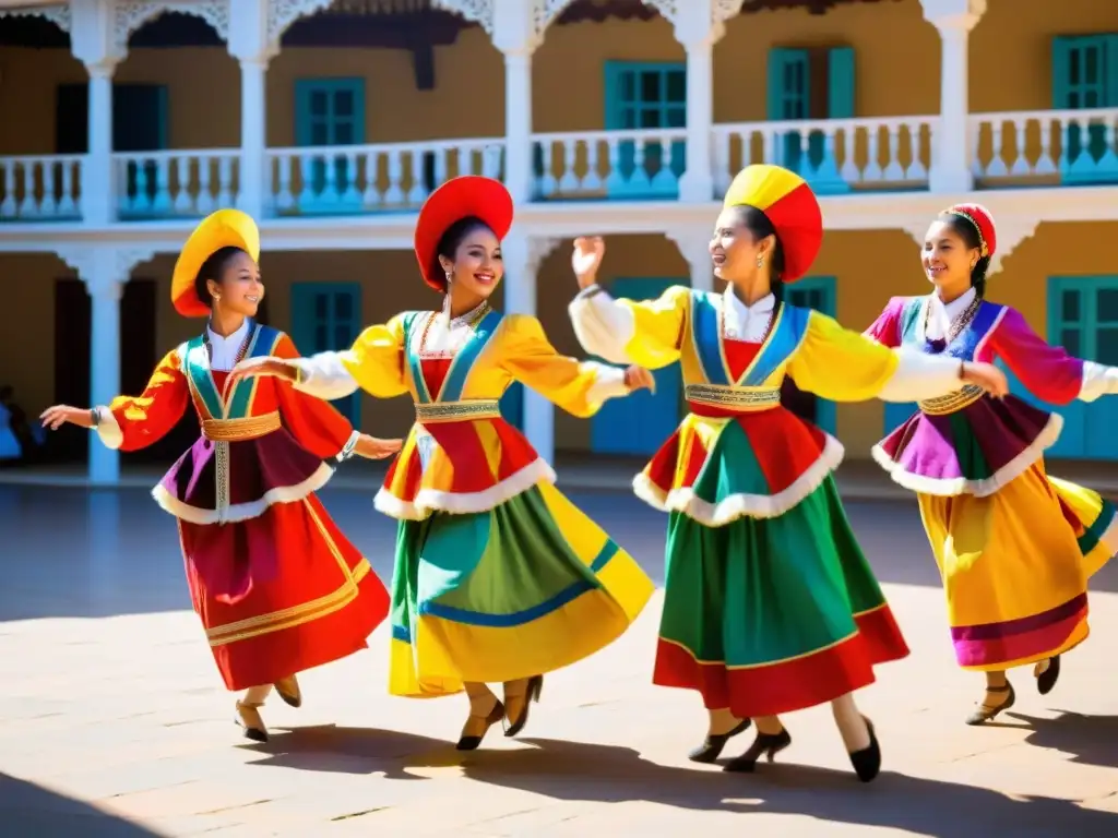 Un grupo de jóvenes bailarines, vistiendo trajes tradicionales, ejecutando una danza vibrante y llena de energía en un patio soleado