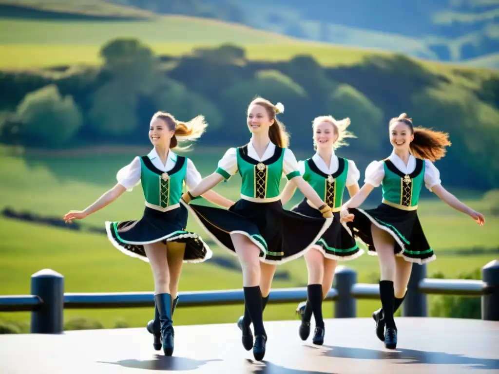 Grupo de jóvenes bailarines en trajes tradicionales de danza irlandesa realizando una animada rutina en un escenario al aire libre, bajo el cálido sol