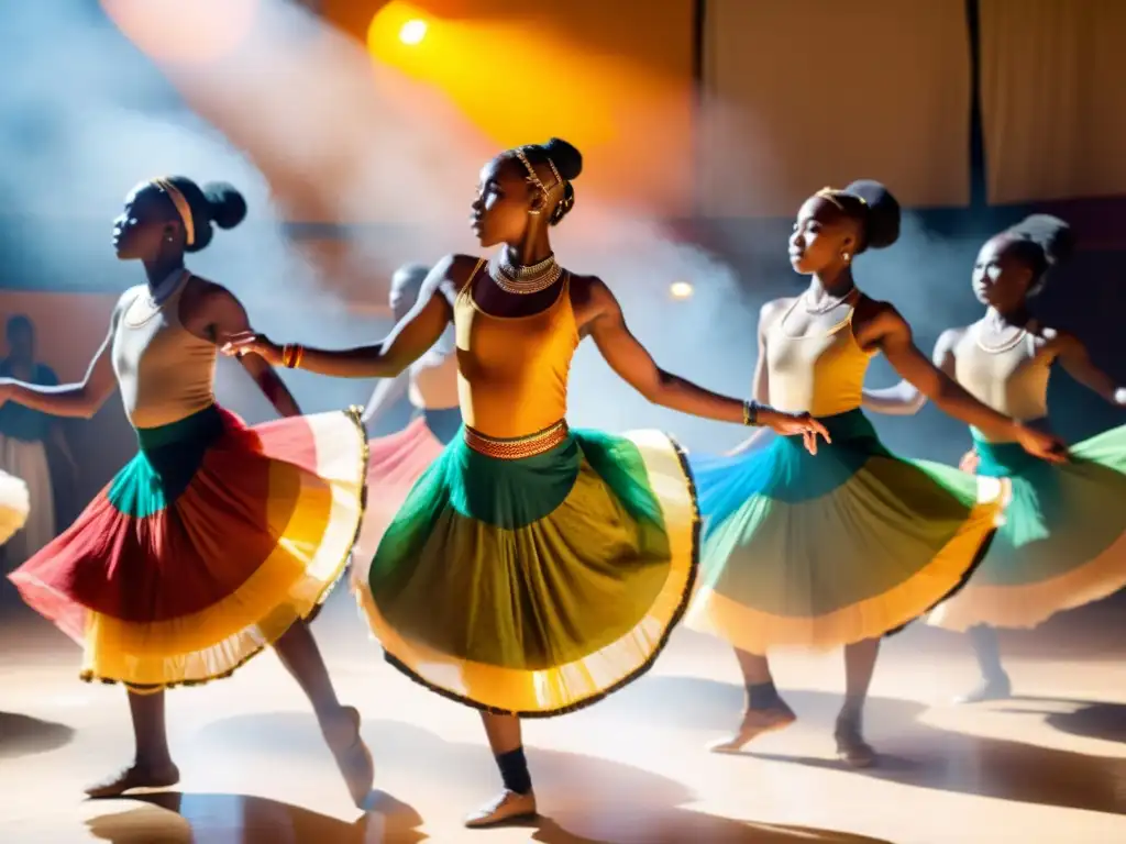 Grupo de jóvenes bailarines en trajes africanos compiten con pasión, expresando la importancia de la competencia en danzas africanas