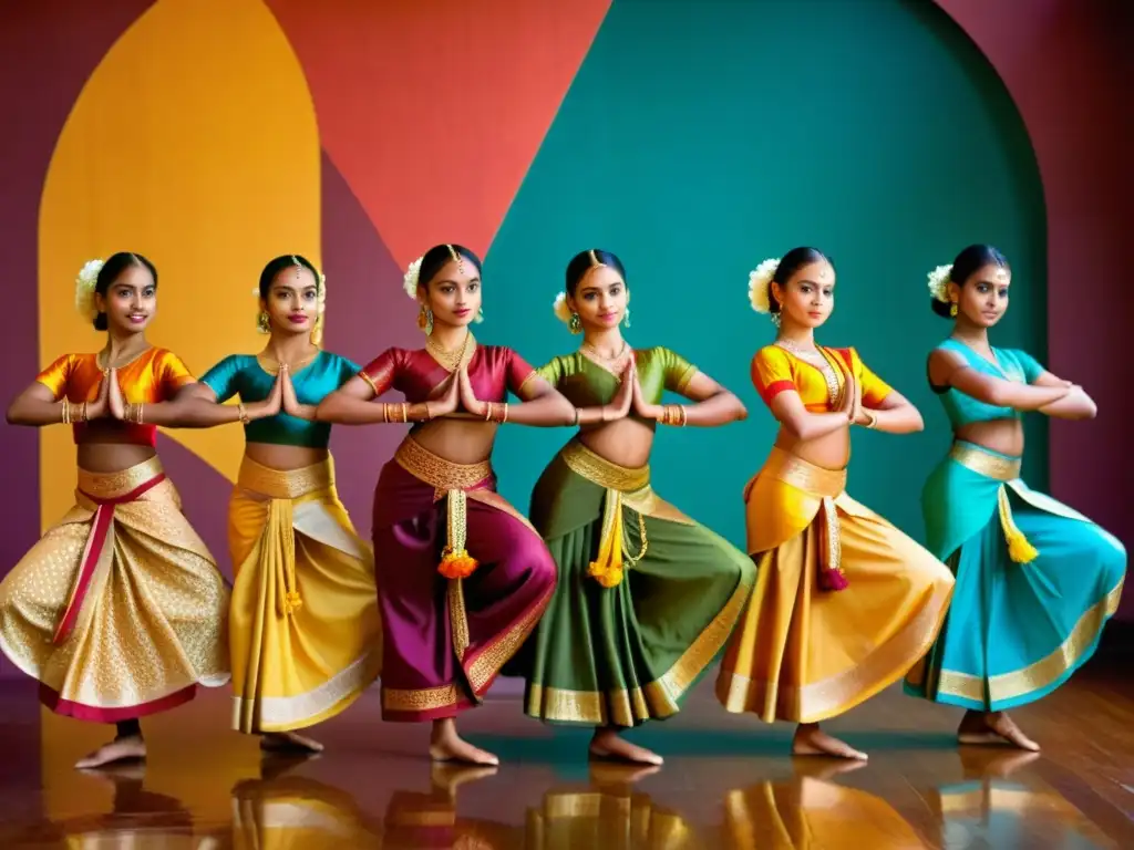 Un grupo de jóvenes bailarines en trajes tradicionales de Sri Lanka, realizando una elegante pose clásica en un estudio de danza histórico y colorido