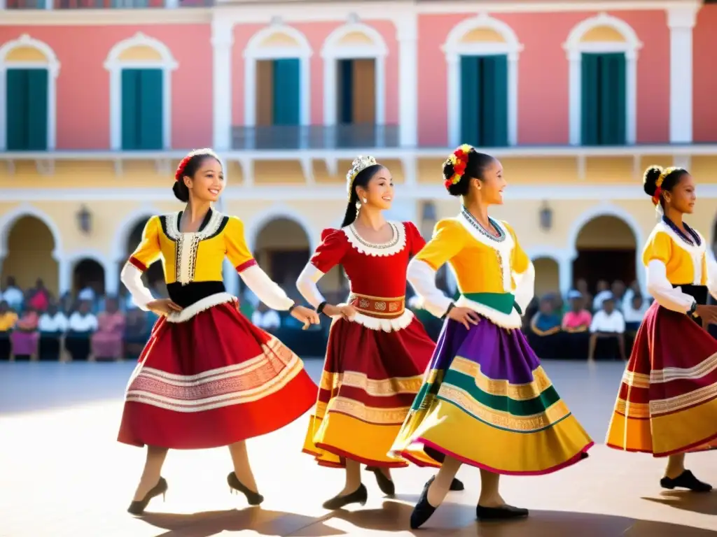 Un grupo de jóvenes bailarines en trajes tradicionales ejecutando con gracia una danza cultural significativa en una plaza vibrante y soleada