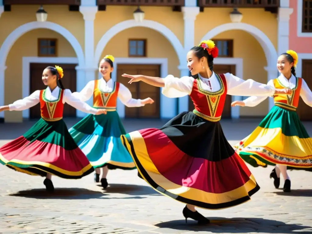 Un grupo de jóvenes bailarines en trajes tradicionales realizando una animada danza en una plaza soleada