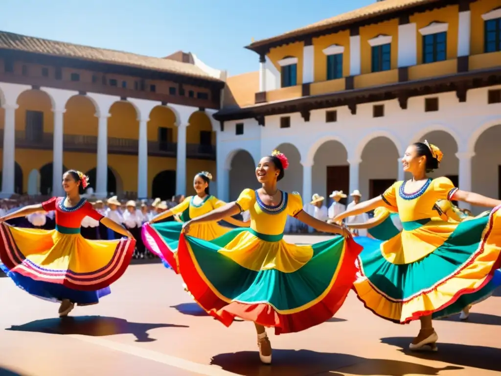 Un grupo de jóvenes bailarines con trajes tradicionales coloridos realizando una hermosa rutina sincronizada en una plaza soleada