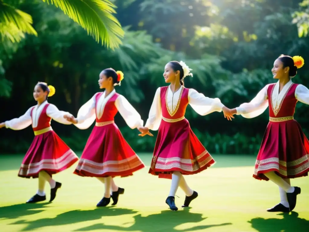 Un grupo de jóvenes bailarines con trajes tradicionales practicando danzas folclóricas en un entorno natural