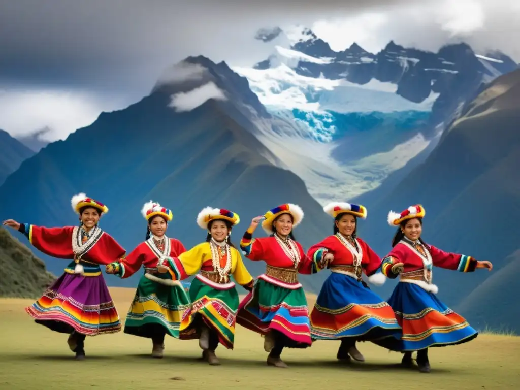 Un grupo de jóvenes bailarines en trajes tradicionales andinos ejecutan una danza vibrante y enérgica frente a los majestuosos Andes