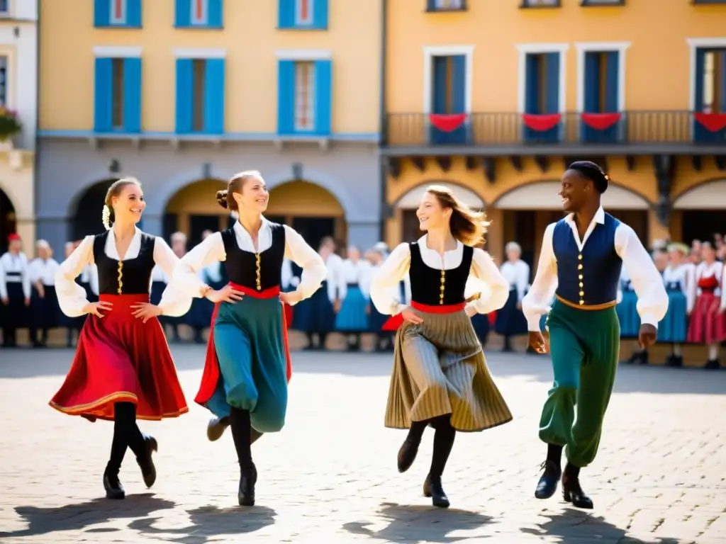 Grupo de jóvenes bailarines en trajes tradicionales y modernos, ejecutando una danza folclórica europea en una plaza soleada