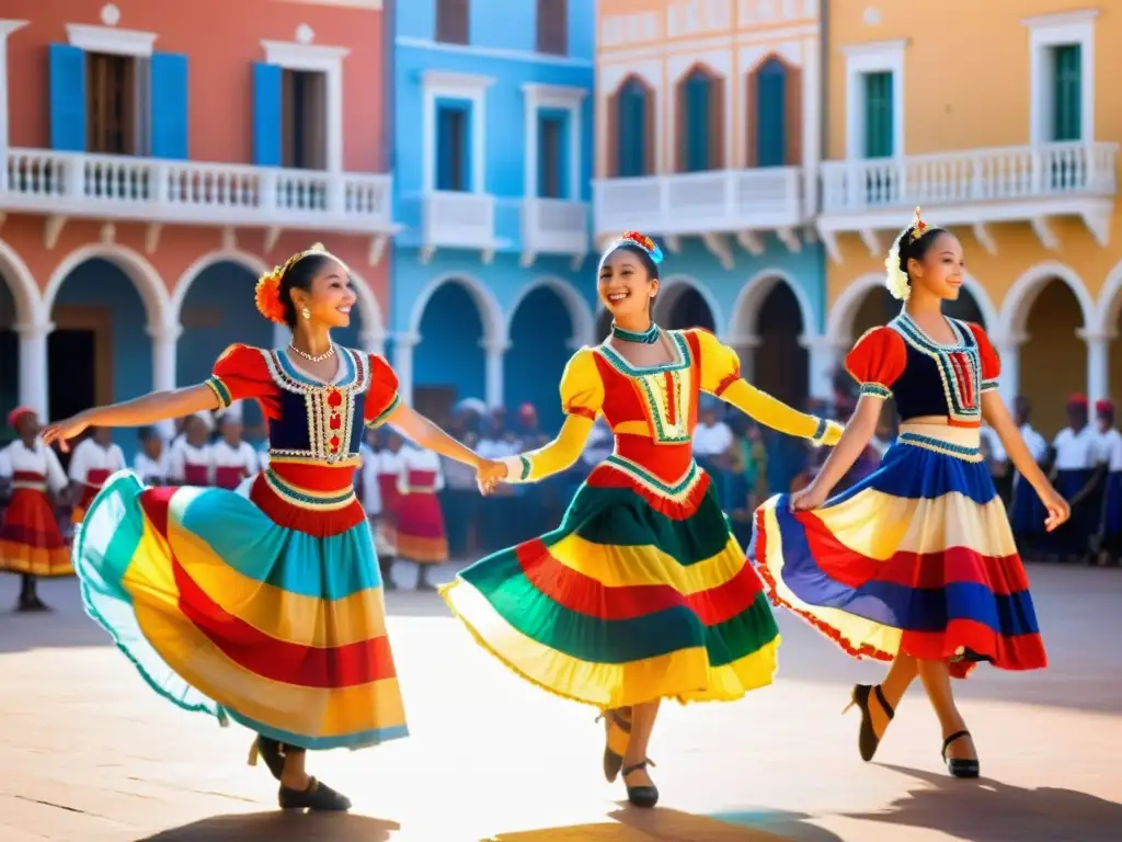 Un grupo de jóvenes bailarines vistiendo trajes tradicionales coloridos, con gracia realizando una danza en una plaza vibrante y soleada