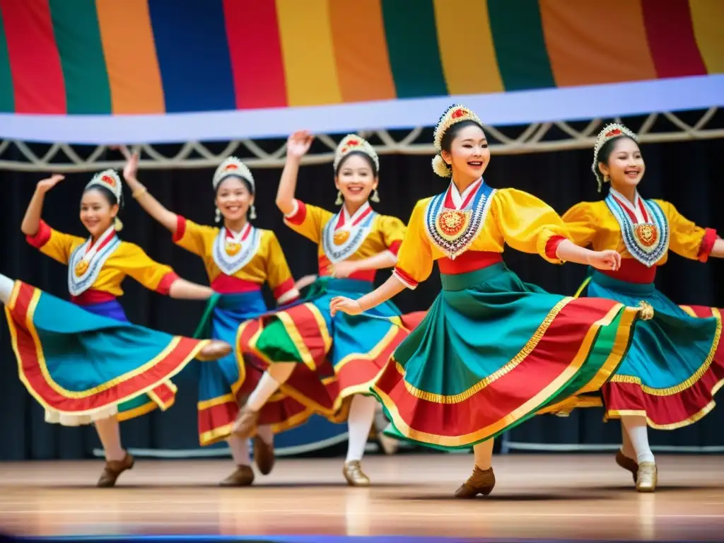 Un grupo de jóvenes bailarines en trajes tradicionales realizando danzas tradicionales con gracia y orgullo cultural