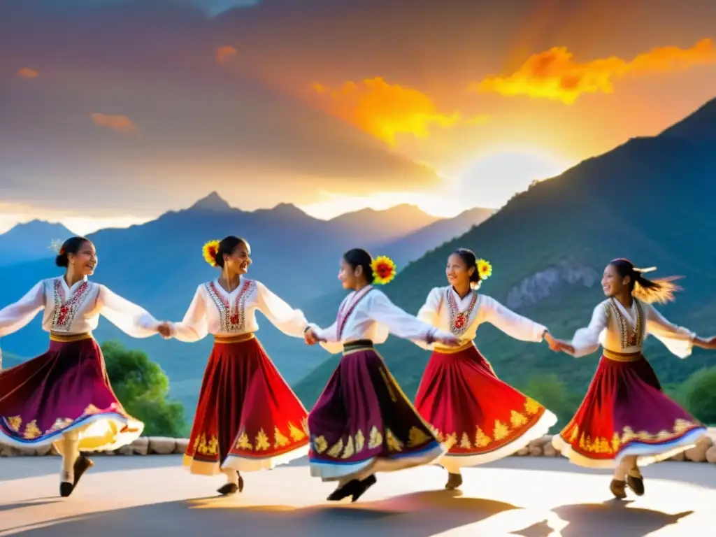 Grupo de jóvenes bailarines con trajes tradicionales, girando con energía y color al atardecer