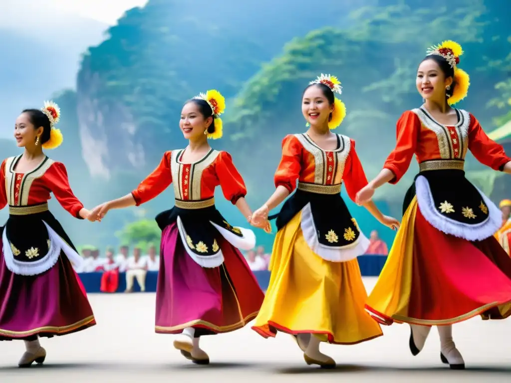 Un grupo de jóvenes bailarines en trajes tradicionales ejecutan una danza sincronizada al ritmo de música tradicional