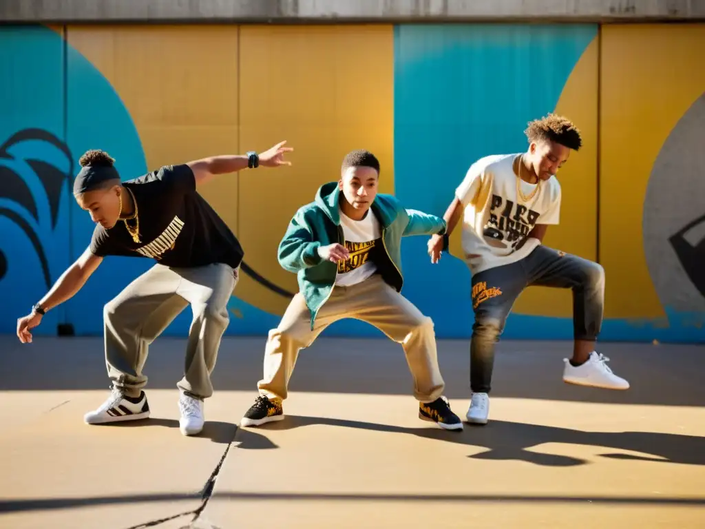 Un grupo de jóvenes bailarines urbanos, con la fuerza y energía del baile urbano capturados en una dinámica escena urbana